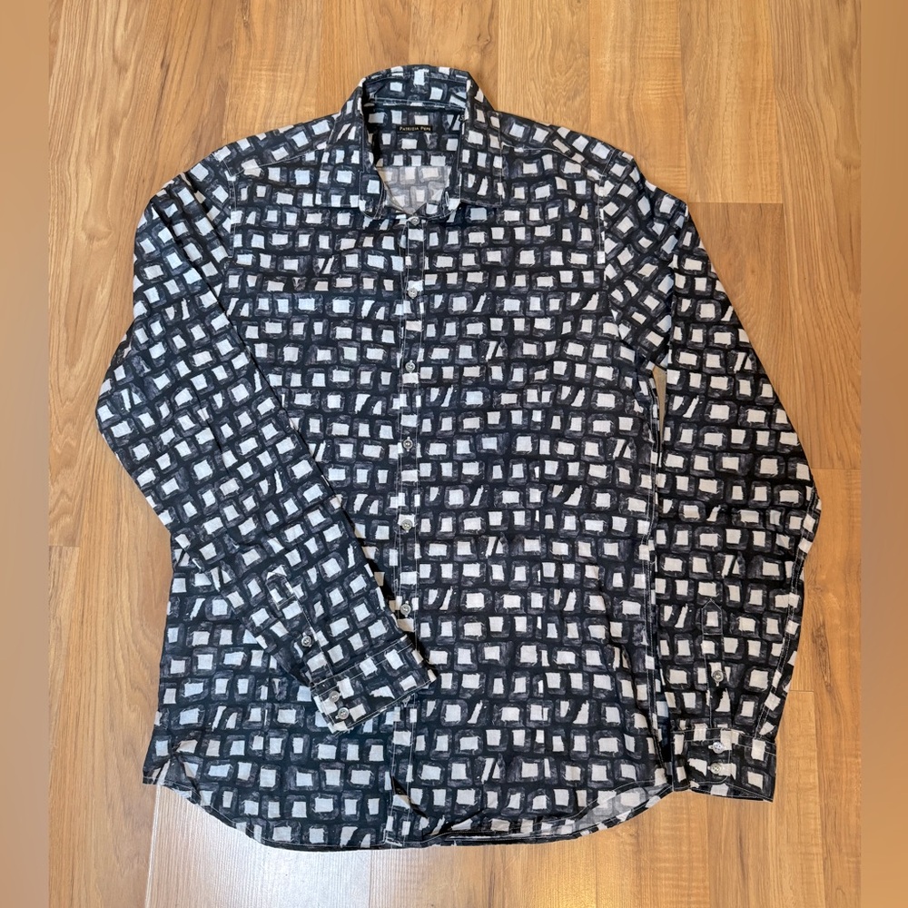 Patrizia Pepe Long Sleeve Shirt Men’s 50 Black Gray White Geometric Print Button